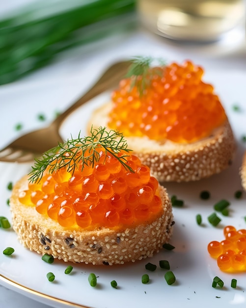 Delicious sandwiches caviar on white plate