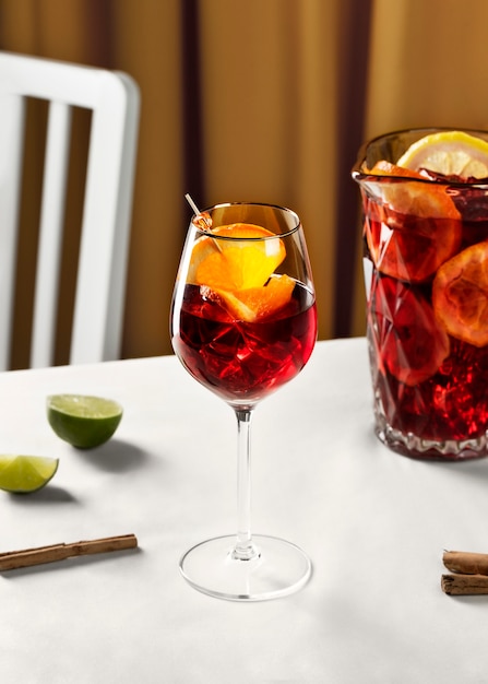 Delicious sangria with orange high angle