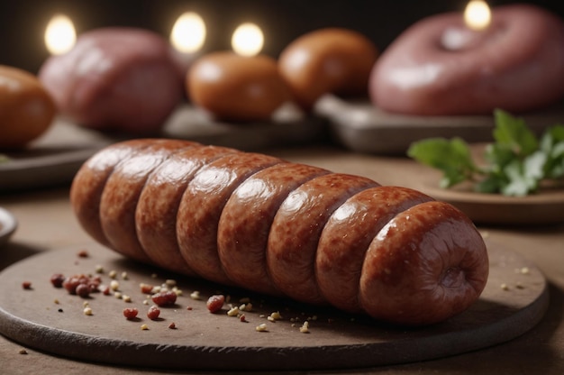 Delicious sausage on wooden board