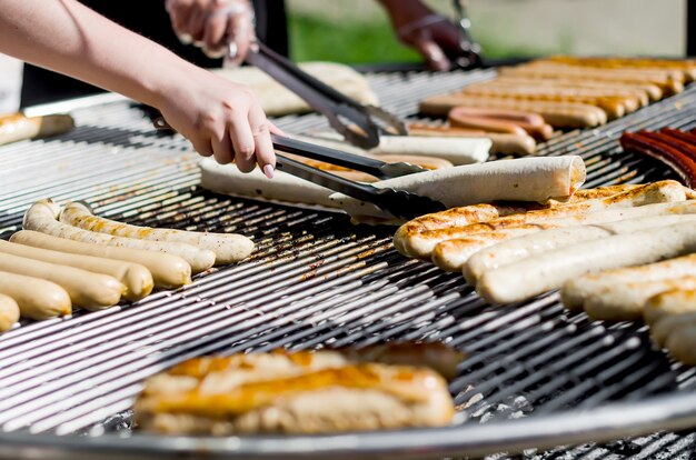 Delicious sausages on the barbecue grill