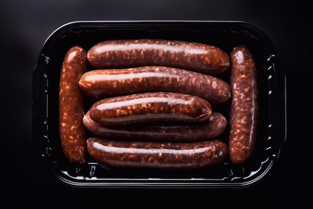 Delicious sausages Close up black plastic tray of fresh raw sausages isolated on white top view A