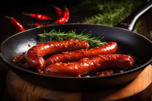 Photo delicious sausages on frying pan