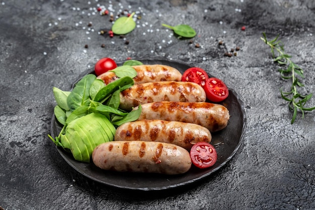 Delicious sausages grilled Ketogenic diet Healthy fats clean eating for weight loss Keto paleo diet menu top view