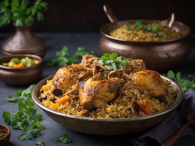 Delicious and savory chicken biryani plate with white isolated background