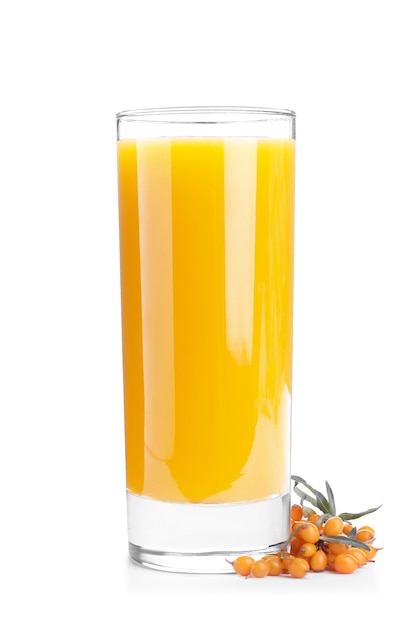 Delicious sea buckthorn juice and fresh berries isolated on white