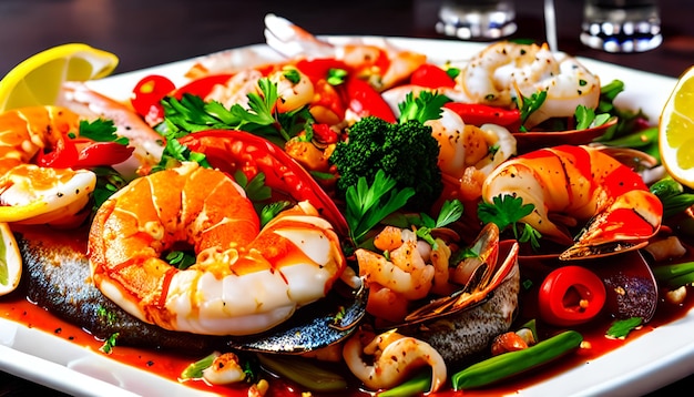 Delicious seafood with spicy sosmediterranean fine cuisine