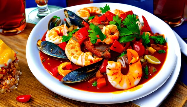 Photo delicious seafood with spicy sosmediterranean fine cuisine