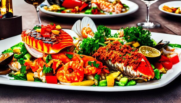 Delicious seafood with spicy sosmediterranean fine cuisine