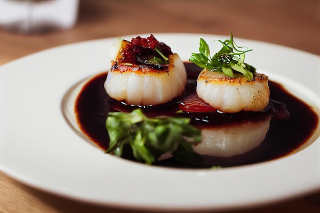 Delicious seared scallops in aromatic soy sauce