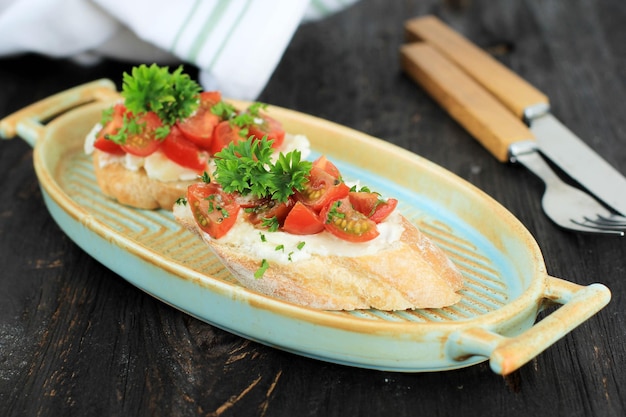 Delicious seasoned savory Italian tomato bruschetta slices on a rustic Ceramic Plate