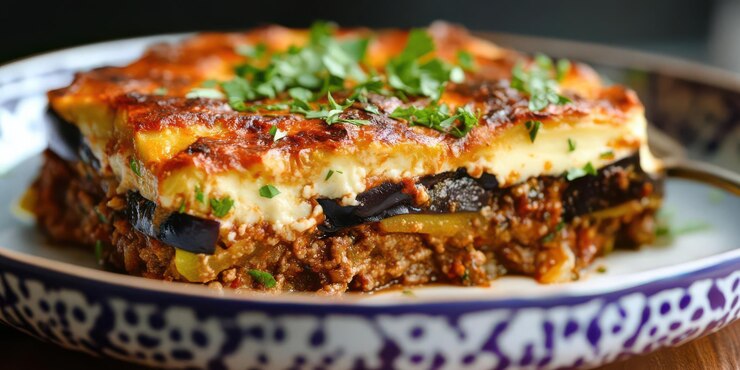 A delicious serving of layered moussaka topped with herbs on a decorative plate