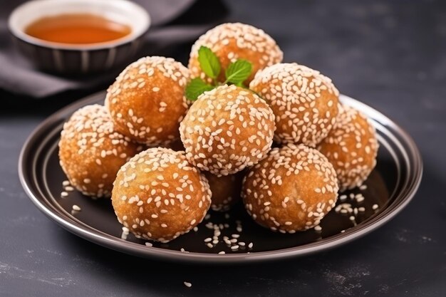 Delicious sesame balls on a plate on a light gray table closeup