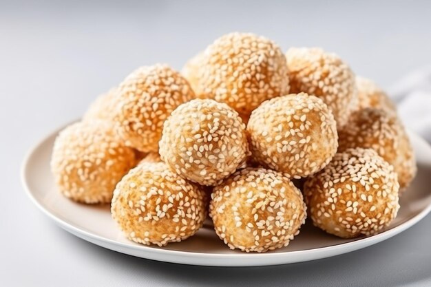 Delicious sesame balls on a plate on a light gray table closeup