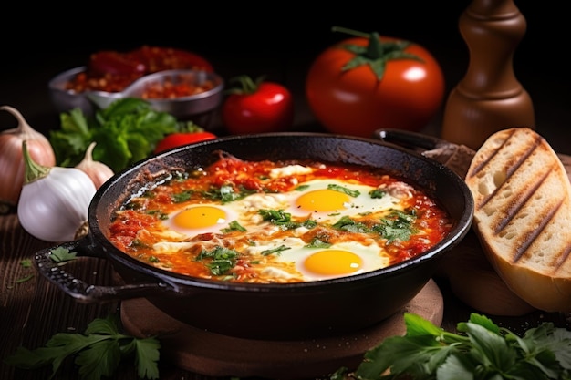 Delicious shakshuka in frying pan and products on wooden table