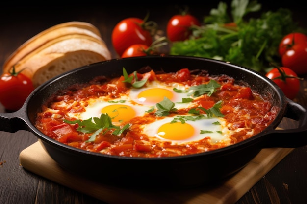 Photo delicious shakshuka in frying pan and products on wooden table