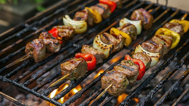 Delicious shashlik skewers cooking on barbecue grill enticing aroma wafting