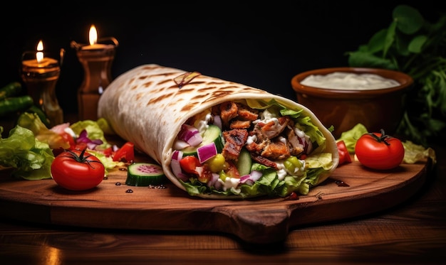 Delicious shawarma served on a wooden board in a rustic setting Mouthwatering burrito with fresh ingredients Created with generative AI tools