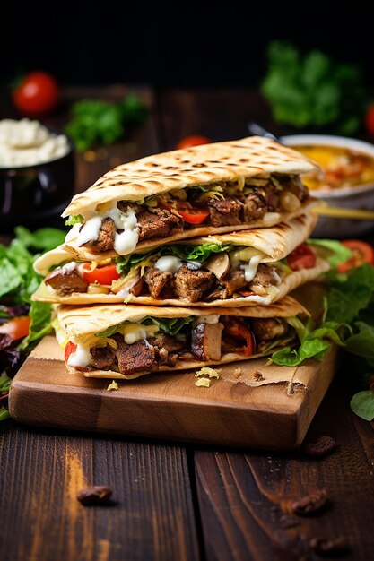 Delicious shawarma served on wooden board on table grilled wrapping chicken meat with sauce AI