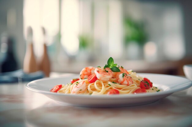 A delicious shrimp dish with fettuccine pasta on a kitchen table AI generated