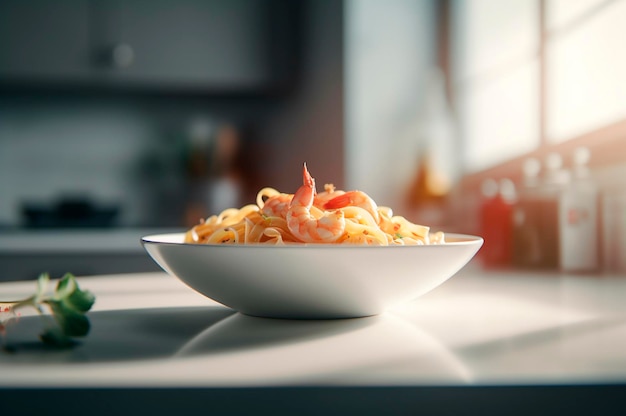 A delicious shrimp dish with fettuccine pasta on a kitchen table AI generated