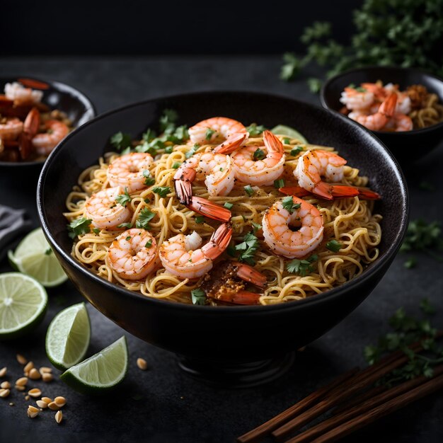 Delicious Shrimp Noodles in Black Bowl