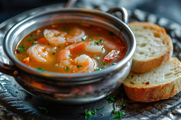 Delicious Shrimp Soup Served with Bread on Sterling Silver Plate