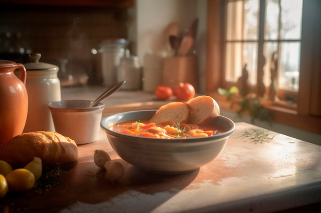 Delicious shrimp soup with coconut milk and curry in bowl on kitchen table AI generated