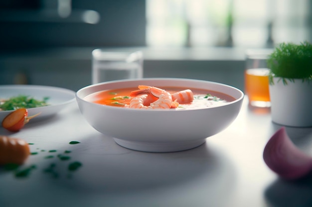 Delicious shrimp soup with coconut milk and curry in bowl on kitchen table AI generated