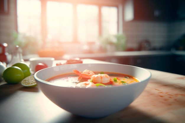 Delicious shrimp soup with coconut milk and curry in bowl on kitchen table AI generated