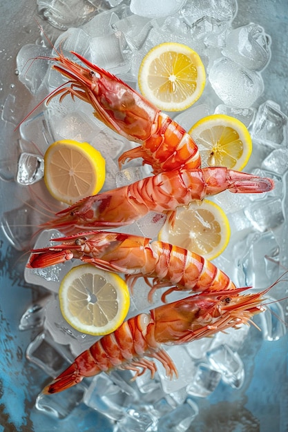 delicious shrimps with lemon and ice closeup