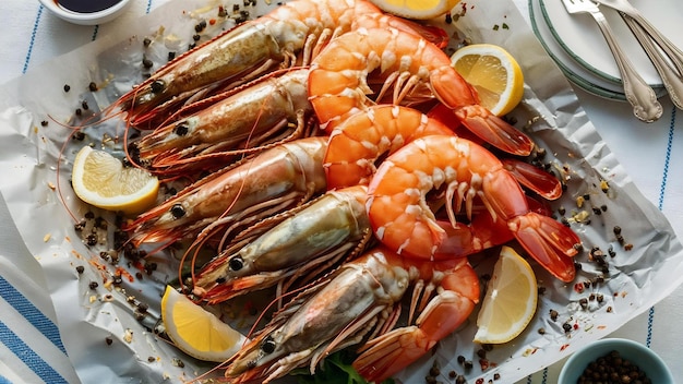 Delicious shrimps with sliced lemon and peppercorns on greaseproof paper