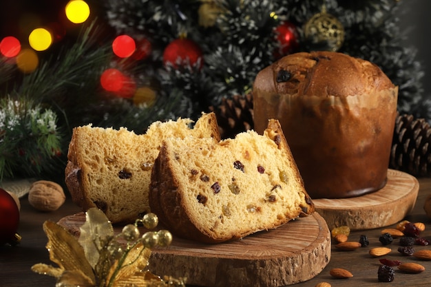 Delicious slice of Panettone with candied fruit