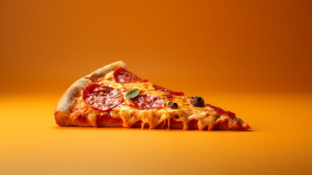 A delicious slice of pizza resting on a vibrant yellow table