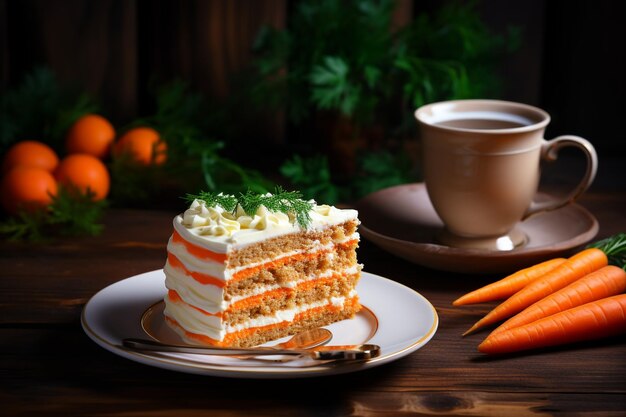 Delicious sliced carrot cake and tea on table