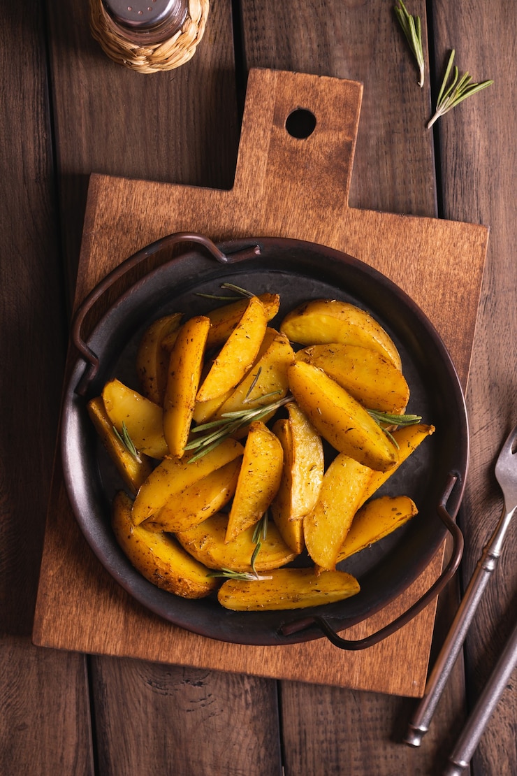 Фотография вкусные ломтики запеченного картофеля с розмарином и маслом
