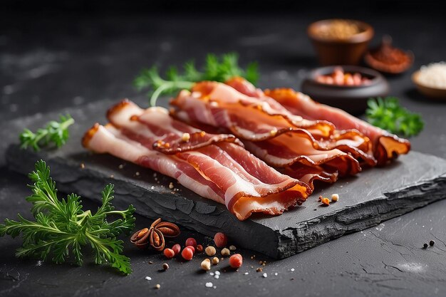 Delicious smoked bacon with salt spices and herbs on a dark concrete background
