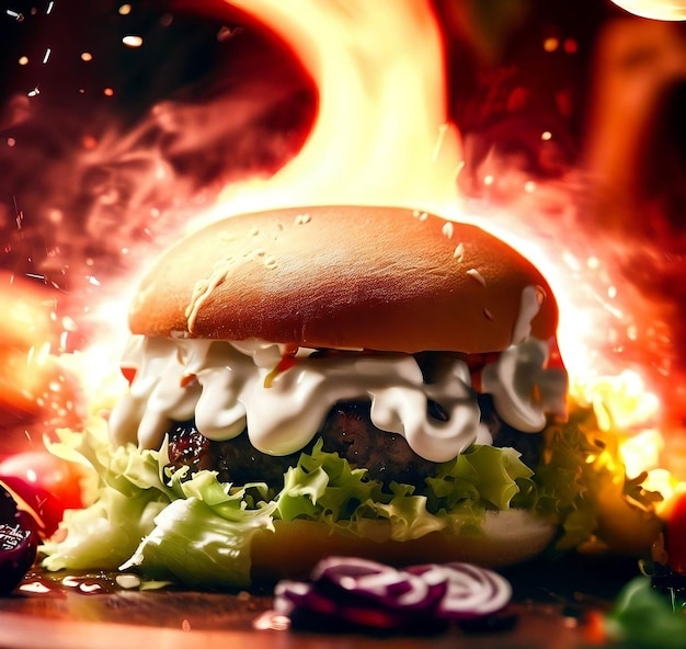 Delicious Smoked Burger With Melted Cheese Mayonnaise Exploded Fire Background