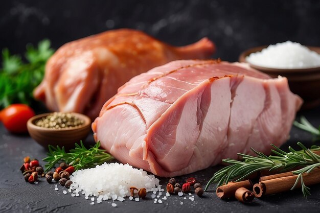 Delicious smoked pork or chicken meat with salt spices and herbs on a dark concrete background