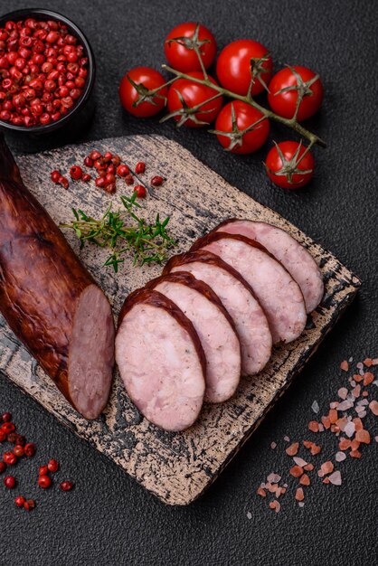 Delicious smoked sausage with salt and spices cut into slices on a dark concrete background