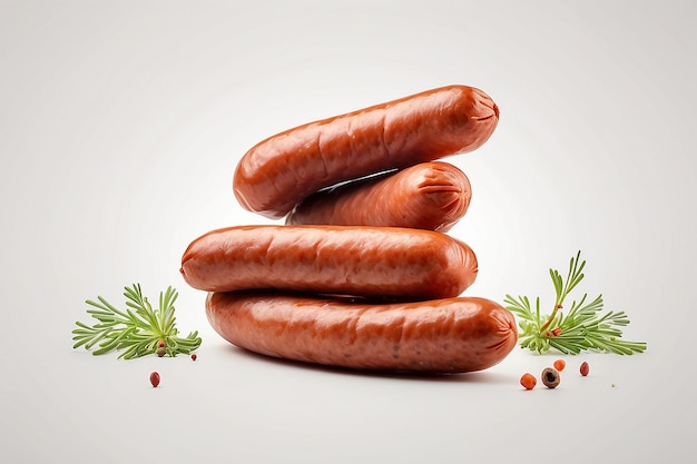 Delicious smoked sausages on wooden cutting board