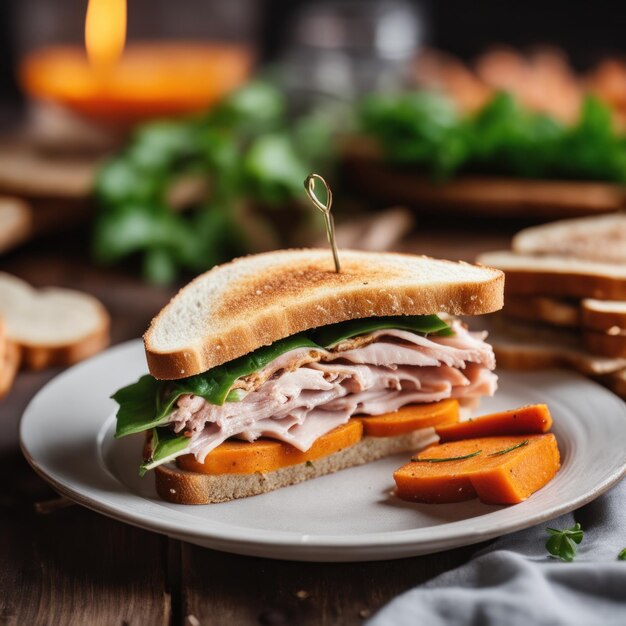 Delicious Smoked Turkey Sandwich on a Wooden Board