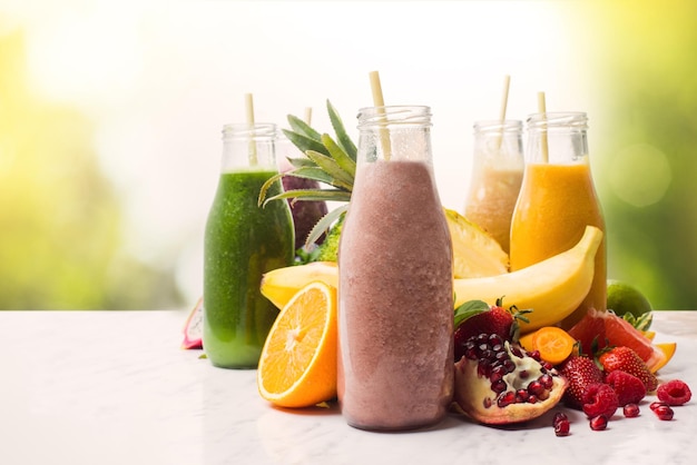 The delicious smoothies with exotic fruits on a white background