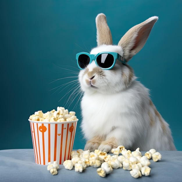 Photo delicious snacktime cute rabbit enjoying popcorn in goggles