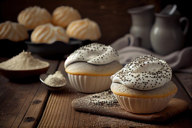 Delicious soft poppy seed buns with cream on wooden table