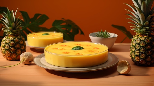 Delicious soup cake with pineapples on a vibrant yellow background