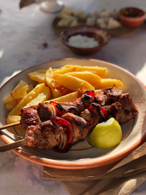 Delicious souvlakia and fries