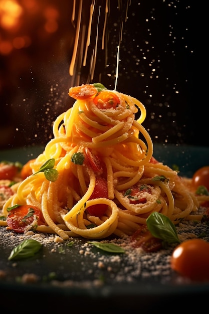 delicious spaghetti noodles and tomatoes italian food