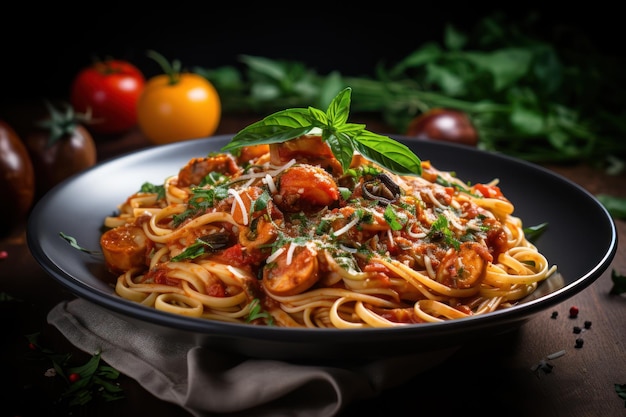 Delicious spaghetti served on a black plat