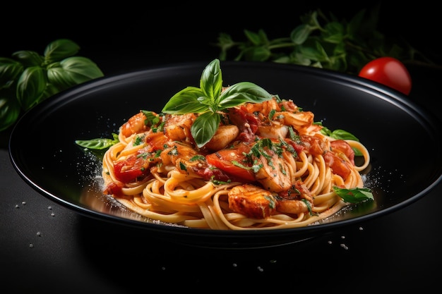 Delicious spaghetti served on a black plat