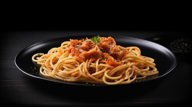 Delicious spaghetti served on a black plate on the table